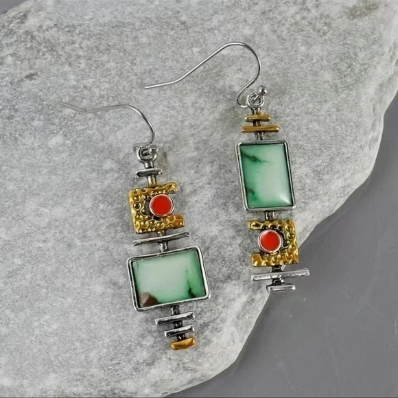 Bohemian Geometric Synthetic Gemstone Dangle Earrings - Picture 1 of 9